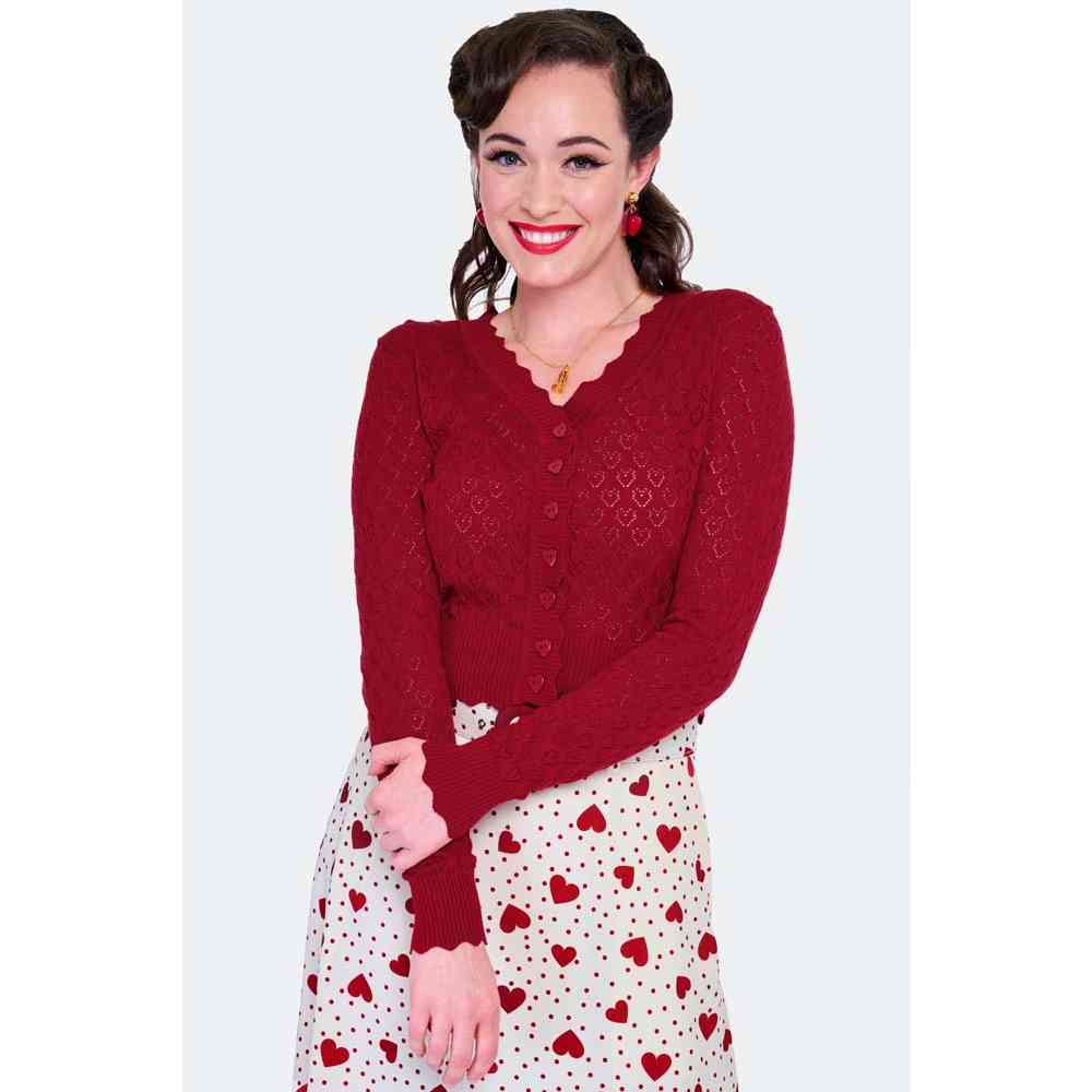 Voodoo Vixen - Scalloped Edge Heart Knit Cardigan - Red